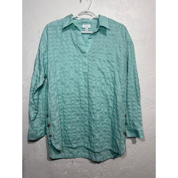 J Jill teal long sleeve textured tunic blouse womens medium coastal beachy boho - Picture 1 of 8
